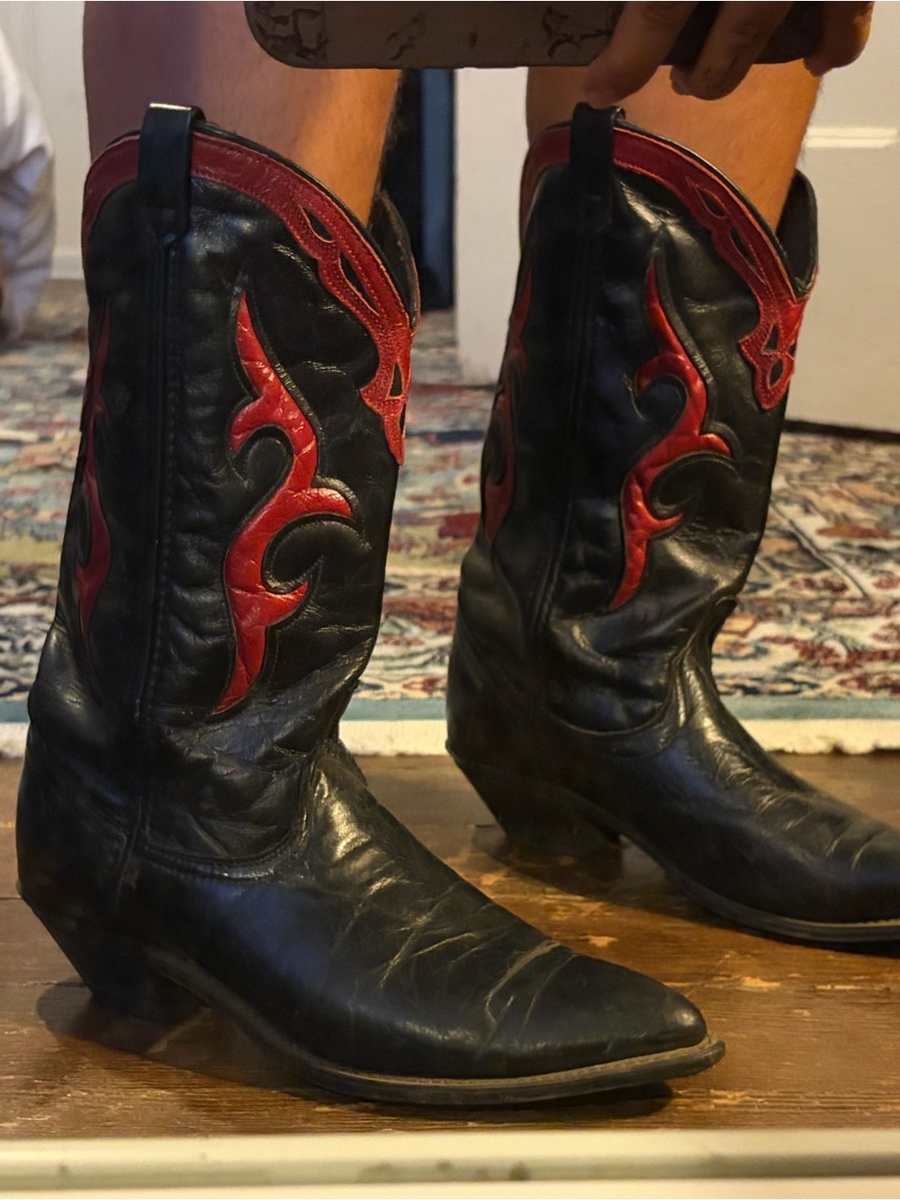 Black & Red Leather Western Boots with Red Stitching - Women's
